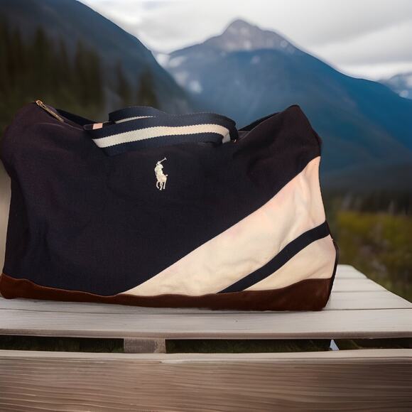 Ralph Lauren Fragrances Bag Canvas Travel Duffel Mens Blue Pony Leather Bottom